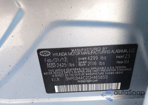 2012 Hyundai Sonata Gls z USA, uszkodzony, nr VIN 5NPEB4AC2CH465855